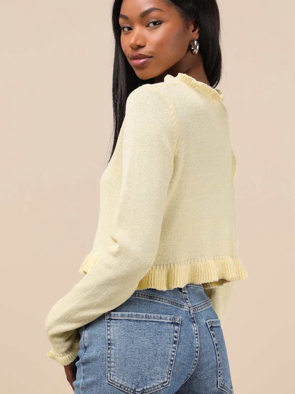 Lulus | Impressively Sweet Light Yellow Ruffled Cropped Cardigan - Picture 3 of 7
